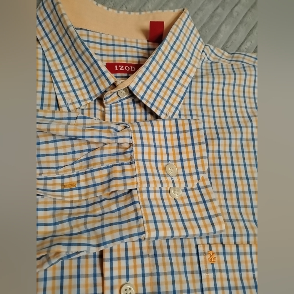 mens IZOD size large button up peach light orange blue checked plaid long sleeve